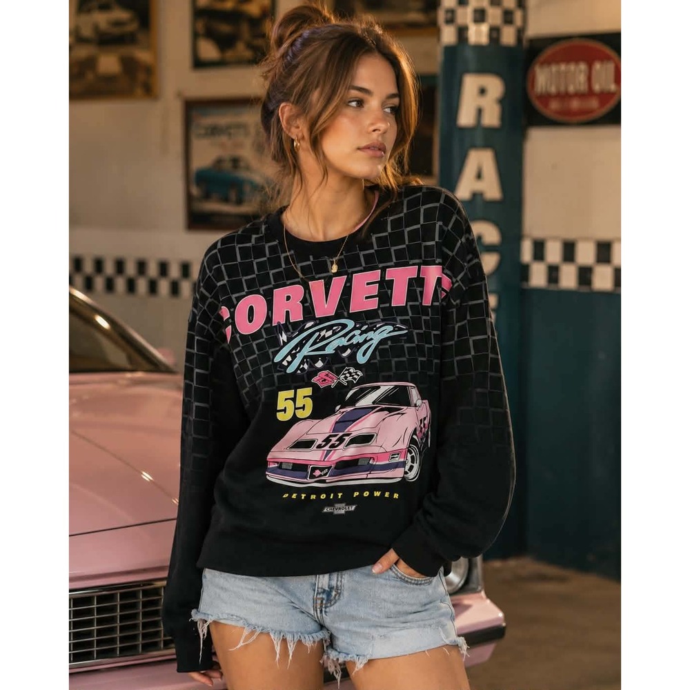 Hybrid Apparel Corvette Racing Graphic Sweatshirt Black Pink GM Licensed Medium